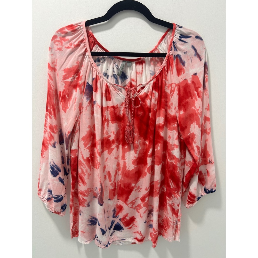 New Directions Weekend Tie Dye Peasant Boho Top Red Pink Navy Blue Tassel Medium
